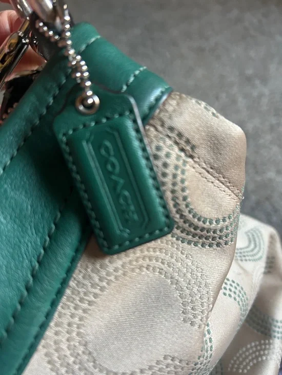 Coach Taupe Signature Crossbody with Green Leather Trim - Picture 7 of 12